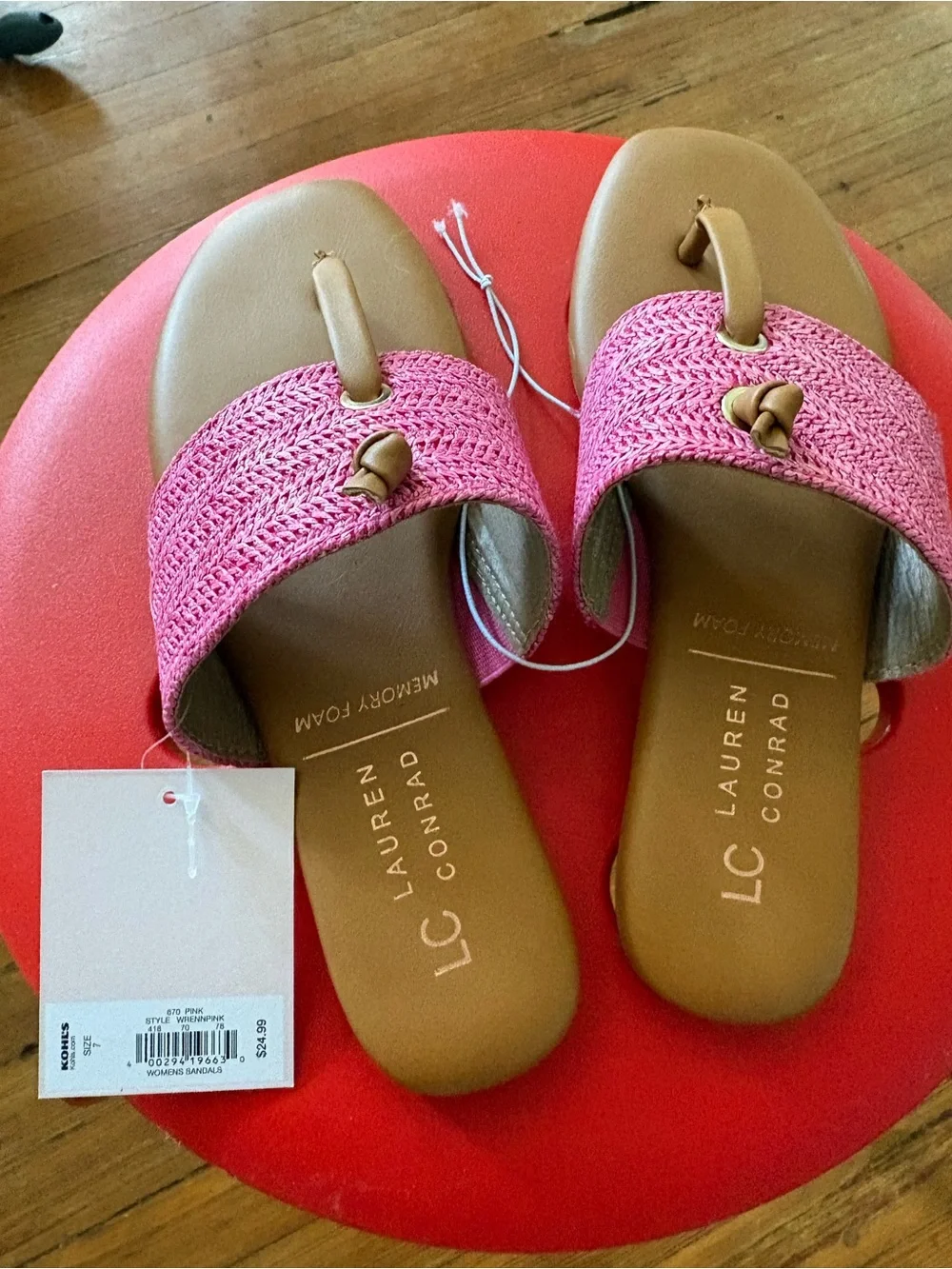 LC Lauren Conrad Pink Braided Toe-Loop Sandals with Tan Footbed, Memory Foam